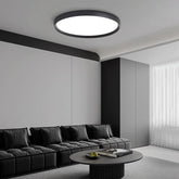 Modern living room with a black ceiling light fixture, gray sectional sofa, and round coffee table.